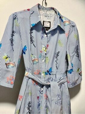 Striped Button-Front Shirt Dress with Butterfly Print